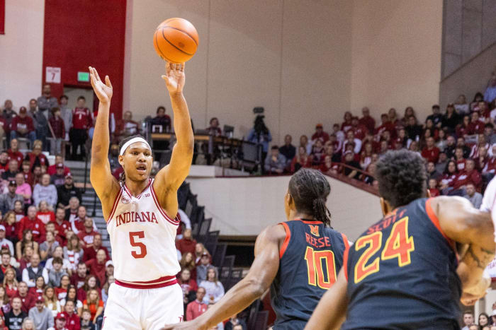 Indiana Hoosiers forward Malik Reneau (5) shoots the ball while Maryland Terrapins forward Julian Reese (10) defends in the first half at Simon Skjodt Assembly Hall.